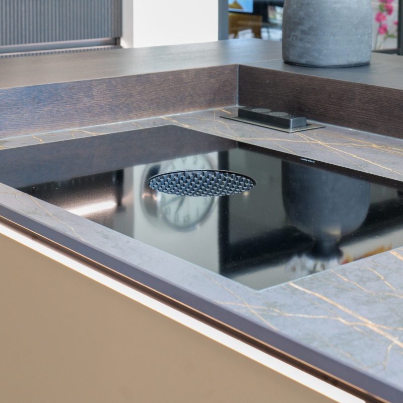 Bora induction cooktop with integrated extraction on Dekton Laurent worktop, neoLodge kitchen island, Derby