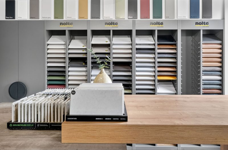 Kitchen frontal sample display at Nolte Kitchens Bath showroom showcasing colours and finishes available across the Nolte kitchen ranges.