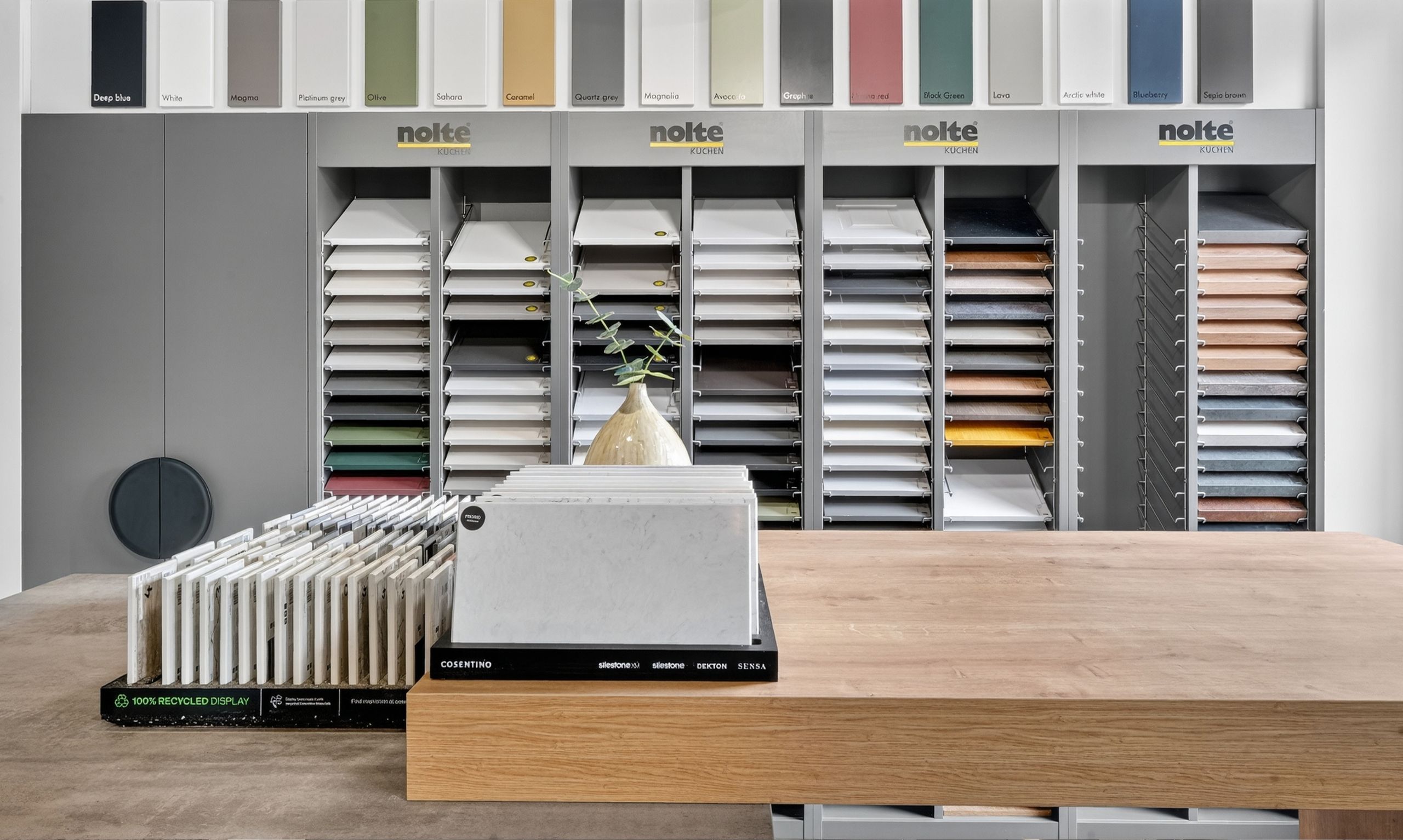 Kitchen frontal sample display at Nolte Kitchens Bath showroom showcasing colours and finishes available across the Nolte kitchen ranges.