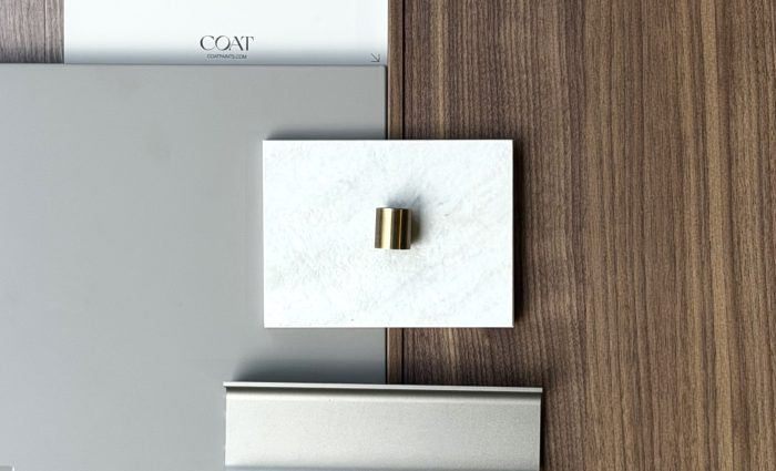 Nolte kitchen sample moodboard with Laminam Taj Mahal DNA porcelain worktop, Soft Lack Lava Soft Matt and neoSlim Walnut Rosado door fronts, Quooker patinated brass tap and manganese bronze handles