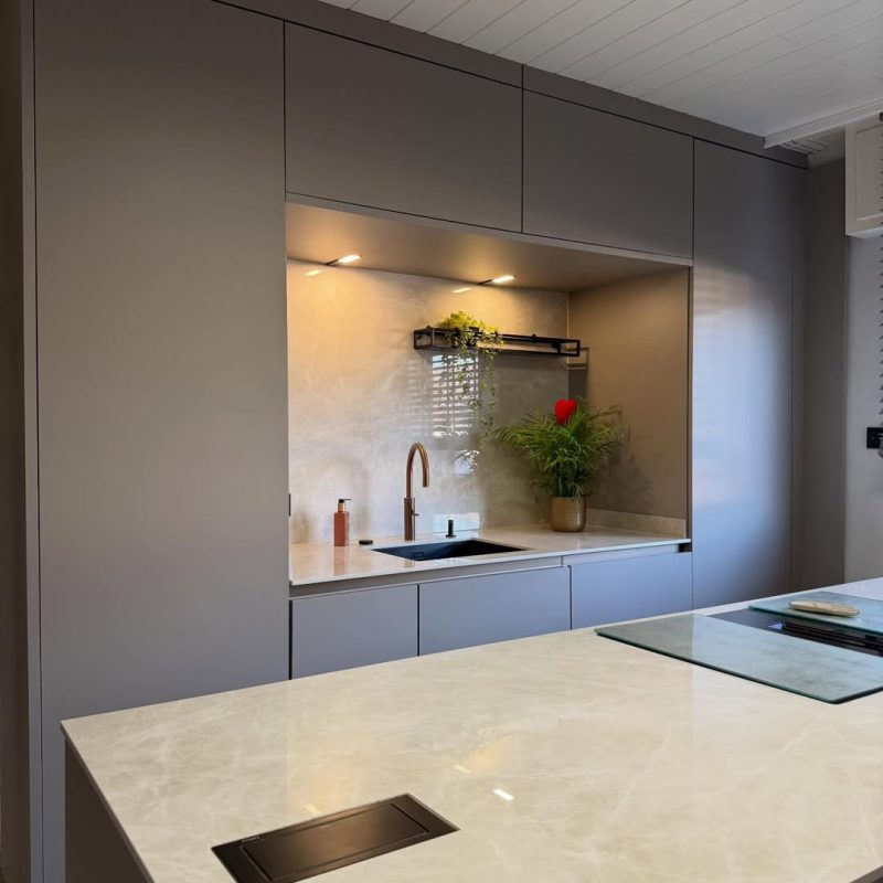 Nolte Soft Lack Lava Matt kitchen with Laminam Diamond Cream Natural porcelain worktop and island