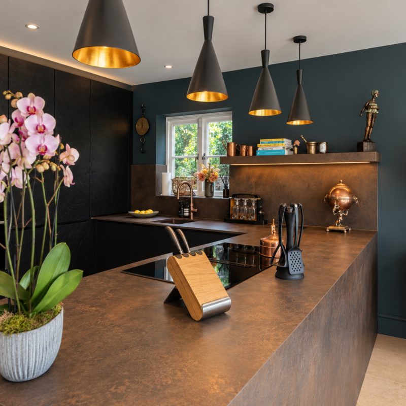 Close-up of Rachel's dark kitchen peninsula in Henley-on-Thames, featuring Laminam Ossido Bruno porcelain worktops and cladding, a flush-fitting induction hob, textured black neoSLATE cabinetry and warm pendant lighting.