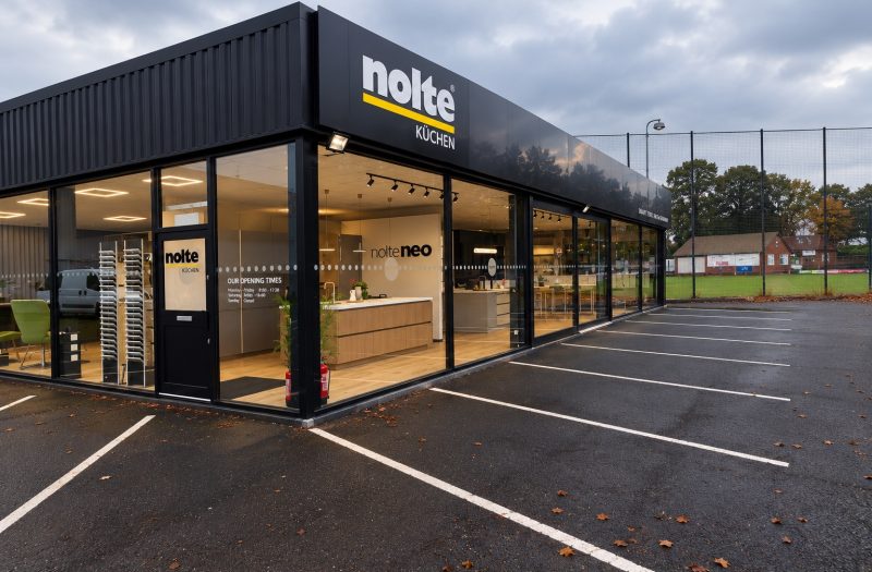 Exterior of the Nolte Küchen showroom in Wakefield with floor-to-ceiling windows and a customer car park