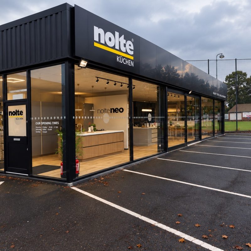 Exterior of the Nolte Küchen showroom in Wakefield with floor-to-ceiling windows and a customer car park