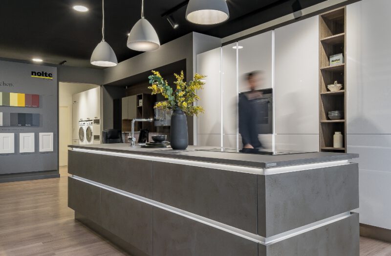 White & grey portland kitchen display in our Wilmslow kitchen showroom